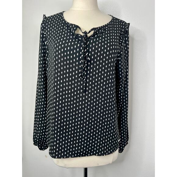 VAN HEUSEN Size Large Printed Top with Tie-Up Neckline Long Sleeve B&W - Picture 2 of 16